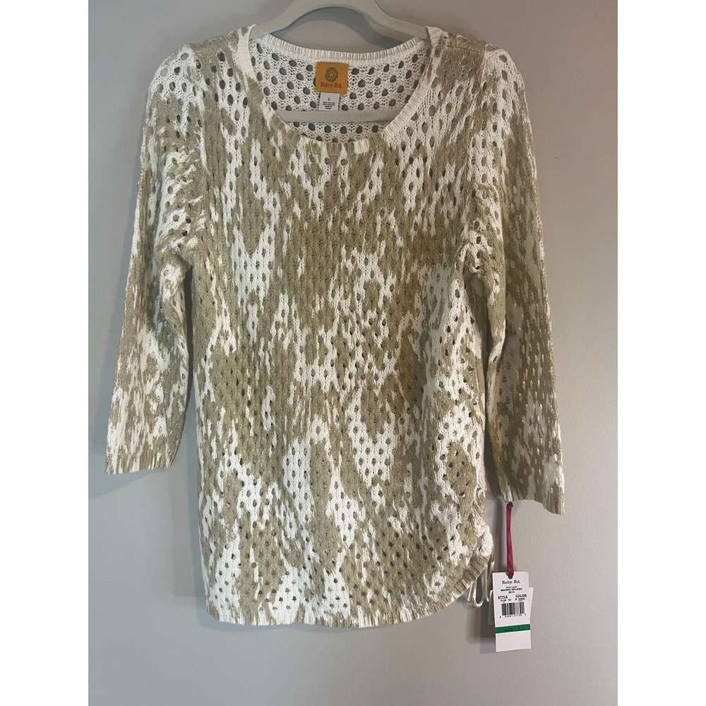 Ruby Rd Womens Sand Ivory Ikat Open Knit Ruched Side Sweater NWT L